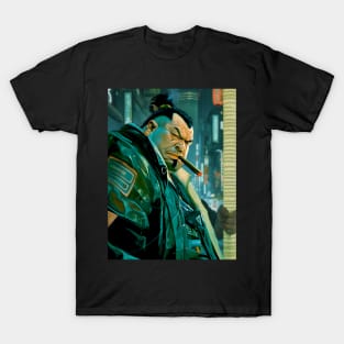 Puff Sumo 2: Smoking a Fat Cigar in a Dystopian City Scene on a Dark Background T-Shirt